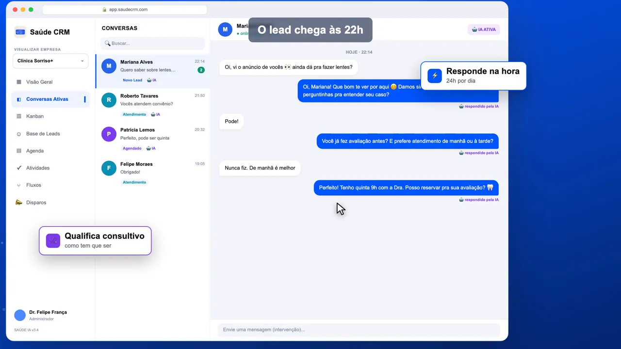 Veja o Saúde CRM funcionando — atendimento com IA, funil e follow-up